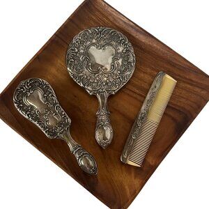 Vintage Silver-Plated Vanity Set Mirror Brush Comb Dressing Table Set